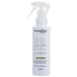 Frasco branco com gatilho de spray da marca Acquaflora, contendo o produto "Pis Sol Mar Cina" - um fluido protetor com filtro solar e água de coco, com 120ml de volume.