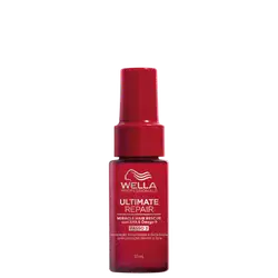 Produto da linha Ultimate Repair da marca Wella Professionals. Frasco plástico vermelho brilhante com formato cilíndrico. Rótulo indicando "Miracle Hair Rescue com AHA & Omega-9", passo 3 de "reparação instantânea e duradora com proteção dentro e fora".