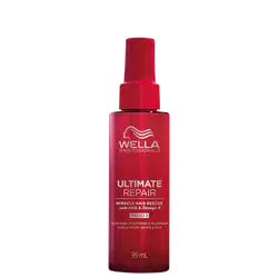 Produto da linha Ultimate Repair da Wella Professionals. Frasco plástico vermelho brilhante com formato cilíndrico e tampa da mesma cor. Rótulo com o logotipo da Wella, nome do produto "Ultimate Repair Miracle Hair Rescue" e descrição "com AHA & Omega-9".