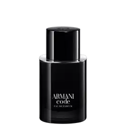 A imagem mostra um frasco cilíndrico preto brilhante, com linhas retas e modernas. No corpo do frasco, está inscrito em letras brancas "ARMANI code EAU DE PARFUM", deixando evidente que é um eau de parfum da linha Code da marca Armani.