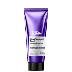 Tubo de tratamento alisador de cabelos da L'Oréal Professionnel, da linha Keratin Alpha Sleek, com embalagem roxa e branca, apresentando informações sobre o produto.