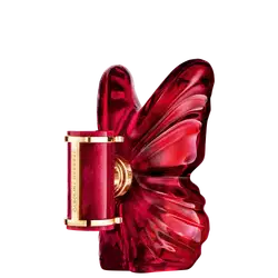 Frasco de perfume Carolina Herrera em formato de borboleta, com tampa dourada e corpo em tom vermelho intenso, destacando-se pela sua forma escultural e elegante.