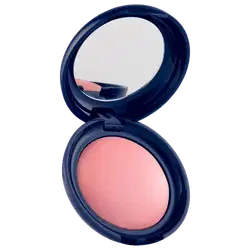 Blush em pó com embalagem redonda azul-marinho, espelho integrado na tampa e produto em tom rosado com acabamento luminoso.