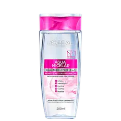 Frasco de 200ml de Água Micelar da L'Oréal Paris, com solução de limpeza 5 em 1 que remove 96% das impurezas, sem deixar resíduos. Embalagem de plástico transparente com tampa rosa e rótulo branco com o logo da marca.