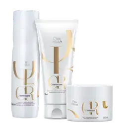 Produtos da linha Oil Reflections da Wella Professionals, incluindo shampoo, condicionador e máscara, em embalagens brancas com detalhes dourados, exibindo o logotipo da marca.