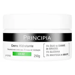 Creme hidratante da marca Principia, em embalagem preta e branca de 250g, com informações sobre os ingredientes como óleo de semente de girassol, glicerina e manteiga de abacate.