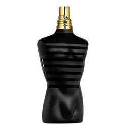 A imagem mostra o perfume Le Male Le Parfum Jean Paul Gaultier um frasco preto e dourado com design em formato inspirado no torso masculino icônico da maison