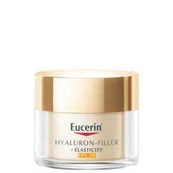 Frasco de creme facial da marca Eucerin, com tampa dourada e rótulo branco, contendo informações sobre o produto "Hyaluron-Filler + Elasticity FPS 30".