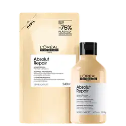 Embalagem de shampoo profissional da marca L'Oréal Professionnel, com frasco plástico preto e rótulo bege. Texto indica "Absolut Repair" e "Nova fórmula Protein + Omega-9". Também mostra informações sobre o tamanho do produto e a série expert.