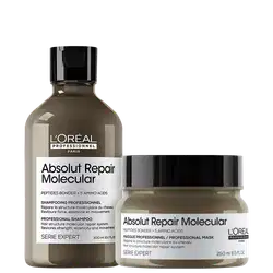 A imagem mostra dois produtos da linha L'Oréal Professionnel Série Expert Absolut Repair Molecular: um shampoo em um frasco marrom com tampa preta, contendo 300ml e uma máscara capilar em um pote plástico marrom com tampa preta, contendo 250ml.