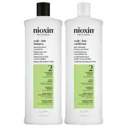 Kit com shampoo e condicionador Volume Thinning Sistema 2, da marca Nioxin.