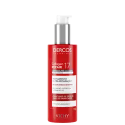 Frasco de tratamento capilar Dercos Collagen Repair 17 da Vichy, com embalagem vermelha e prata, contendo 150g do produto. O rótulo destaca os peptídeos pró-colágeno e o tratamento de ultra reparação para todos os tipos de cabelos danificados.