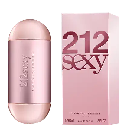 Frasco de perfume Carolina Herrera 212 Sexy, com formato cilíndrico e tampa arredondada, em tons de rosa claro. O rótulo exibe o nome da fragrância em letras prateadas.