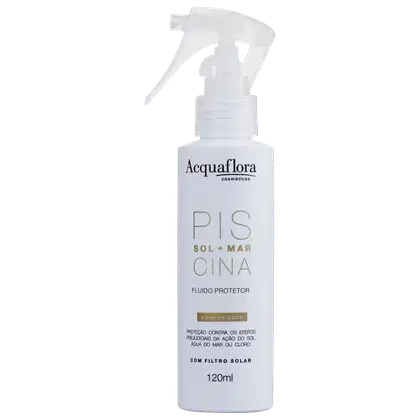Frasco branco com gatilho de spray da marca Acquaflora, contendo o produto "Pis Sol Mar Cina" - um fluido protetor com filtro solar e água de coco, com 120ml de volume.