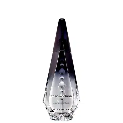 Perfume em frasco de vidro transparente com formato piramidal alongado. A parte superior é escura, em tom roxo profundo. O frasco tem um rótulo branco na base com o texto "ange ou démon" e o logotipo "GIVENCHY" abaixo.