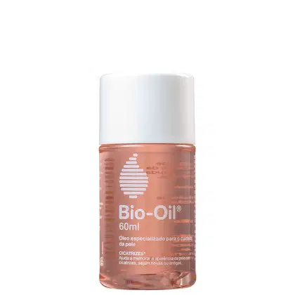 Frasco de óleo Bio-Oil de 60ml, com rótulo branco e laranja, contendo informações sobre o produto e sua função de ajudar a melhorar a aparência de cicatrizes na pele.