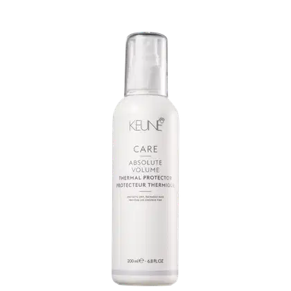 Frasco branco de 200 ml do protetor térmico Absolute Volume da linha Care da Keune, com bomba de pulverização e rótulo com informações sobre o produto.
