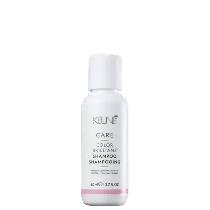 Frasco branco de 80 ml da linha Care Color Brillianz da Keune, contendo shampoo para cabelos coloridos. O rótulo apresenta o nome da marca e do produto em letras pretas.