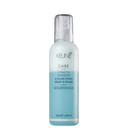 Frasco de spray Keune Care Keratin Smooth, com 200 ml de conteúdo. O produto apresenta uma embalagem de plástico transparente com rótulo azul claro e texto em preto indicando "2-Phase Spray".