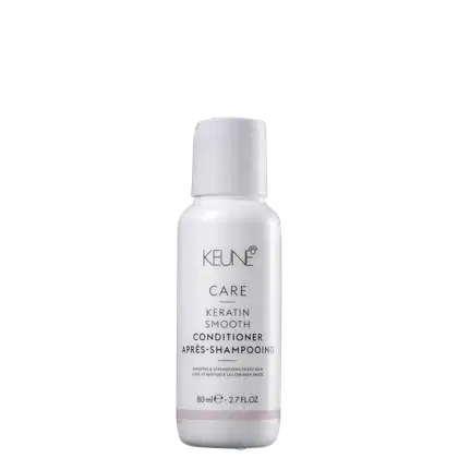 Frasco branco de condicionador Keune Care Keratin Smooth, com 80 ml de capacidade. O rótulo apresenta o nome da marca e do produto em letras pretas.