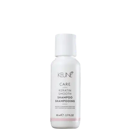 Frasco branco de 80 ml da linha Care da Keune, contendo o Shampoo Keratin Smooth, que suaviza e fortalece os cabelos crespos.