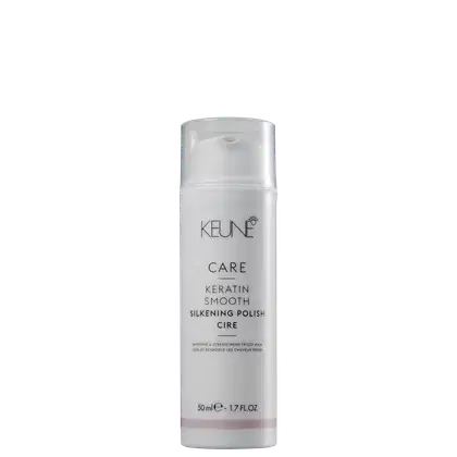 Frasco de 50 ml do produto Keune Care Keratin Smooth Silkening Polish Cire, um creme alisador e fortalecedor para cabelos crespos e rebeldes, com embalagem branca e texto em preto.