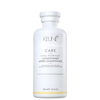 Frasco branco da linha Care da Keune, contendo Vital Nutrition Conditioner, produto para cabelos secos e danificados. Rótulo com informações sobre o produto e a marca Keune.