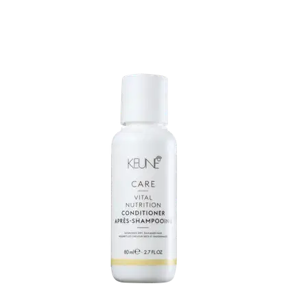 Frasco branco de 80 ml do Condicionador de Nutrição Vital da linha Care da Keune, com rótulo destacando os benefícios de nutrição para cabelos secos e danificados.