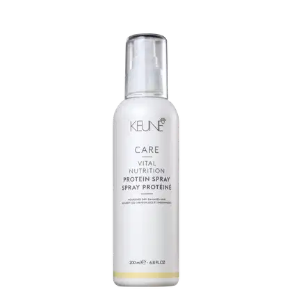 Frasco branco de 200 ml da linha Care da Keune, contendo o Spray Proteico de Nutrição Vital, para cabelos secos e danificados.