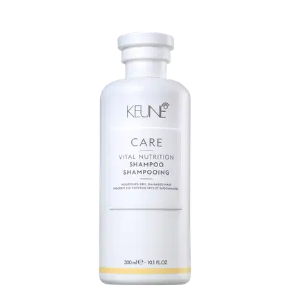 Frasco branco da linha Keune Care Vital Nutrition Shampoo, com rótulo destacando os benefícios de nutrição para cabelos secos e danificados. Embalagem de 300 ml.