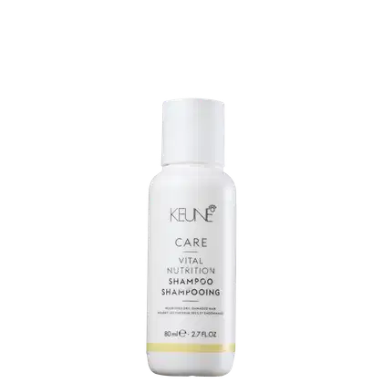 Frasco branco de 80 ml do Shampoo de Nutrição Vital da linha Keune Care, com rótulo em preto e amarelo destacando o nome da marca e do produto.