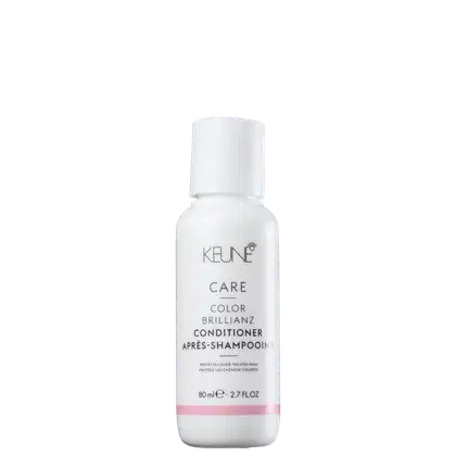 Frasco branco de 80 ml da linha Care Color Brillianz da Keune, contendo condicionador para cabelos coloridos. Rótulo com o nome da marca e do produto em destaque.