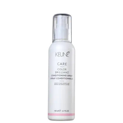 Frasco de spray condicionador Keune Care Color Brillianz, com 140 ml, embalagem branca com detalhes em rosa, protege cabelos coloridos.