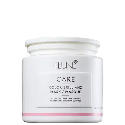 Frasco branco da linha Keune Care, contendo máscara para cabelos coloridos, com rótulo destacando "Color Brillianz Mask" e informações sobre a proteção da cor dos cabelos.