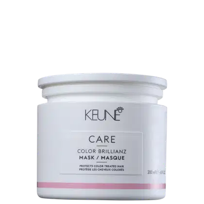 Frasco branco da linha Keune Care, contendo máscara para cabelos coloridos, com rótulo destacando "Color Brillianz Mask" e informações sobre a proteção da cor dos cabelos.