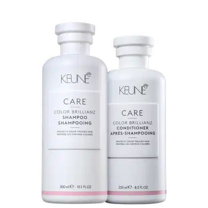 Dois frascos brancos da linha de produtos de beleza Keune Care, contendo shampoo e condicionador da linha Color Brillianz, que protegem cabelos coloridos. Os frascos possuem rótulos com o nome da marca e do produto em destaque.