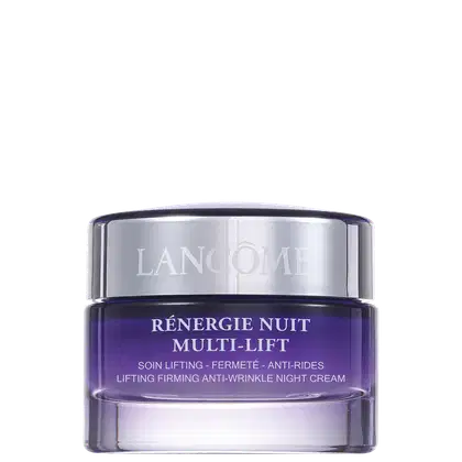 Frasco de creme anti-rugas noturno da linha Rénergie Nuit Multi-Lift da Lancôme, com embalagem roxa e detalhes prateados, apresentando o nome da marca e a descrição do produto.