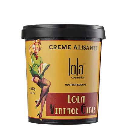 Creme alisante da marca Lola Cosmetics, em embalagem de plástico preta e amarela, com rótulo destacando o nome "Lola Vintage Curls" e informações sobre o uso profissional do produto.