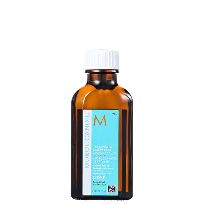 Frasco de tratamento cosmético Moroccanoil de 50 ml, com rótulo em azul e laranja, indicando ser uma versão "Light" do produto para cabelos finos ou claros.