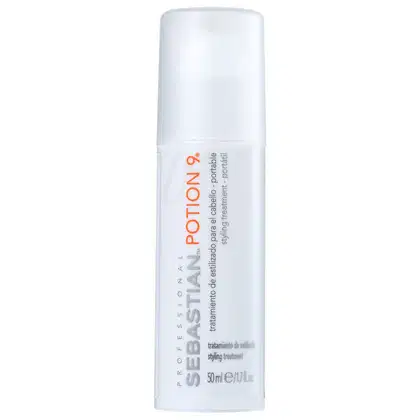 Embalagem em frasco cilíndrico de plástico branco opaco. Rótulo com o nome do produto "Sebastian Potion 9" em letras laranjadas e cinzas, texto descritivo em letras pretas. Volume de 50ml/1.7fl.oz indicado na embalagem.
