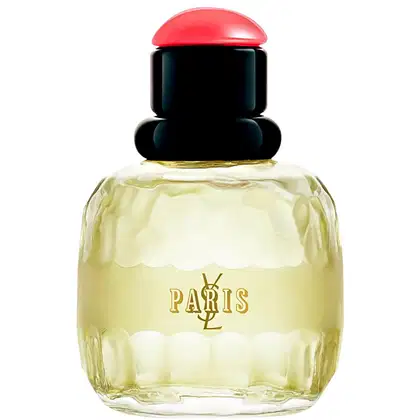Frasco de perfume Yves Saint Laurent Paris, com formato arredondado e tampa vermelha. O rótulo em dourado destaca o nome da marca e da cidade de Paris.