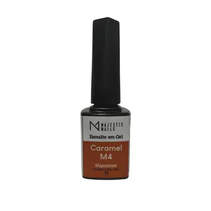 Frasco de esmalte em gel da marca Majestic Nails, na cor Caramel M4, com rótulo preto e laranja. O produto apresenta embalagem cilíndrica preta e tampa preta.
