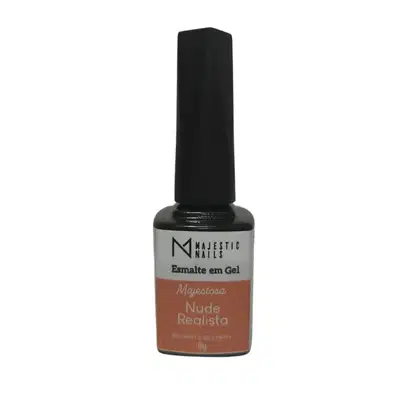 Esmalte em gel da marca Majestic Nails, na cor "Majestosa Nude Realista", em frasco preto com rótulo laranja e branco, contendo 9g do produto.