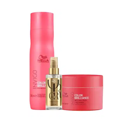 Produtos Wella Professionals: Shampoo e máscara da linha Color Brilliance, e óleo Oil Reflections.