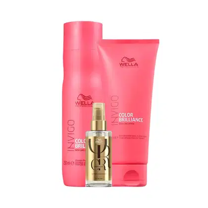 Produtos da linha Color Brilliance da Wella Professionals, incluindo shampoo e condicionador; e óleo Oil Reflections.