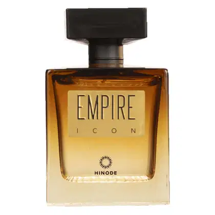 Frasco de perfume da linha Empire Icon da Hinode, com embalagem de vidro âmbar e rótulo preto destacando o nome "EMPIRE" em letras grandes.