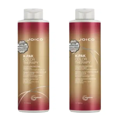 Dois frascos de shampoo e condicionador da linha K-Pak Color Therapy da marca Joico, com embalagens em tons degradê de vermelho e dourado, contendo informações sobre proteção da cor.