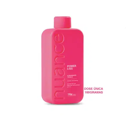 O produto apresentado é um frasco de 100 gramas da linha Power Liss da marca Nuance Professional.  O produto é descrito como um alisamento térmico com queratina, que suaviza os cabelos.