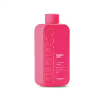 O produto apresentado é um frasco de 1 litro da linha Power Liss da marca Nuance Professional.  O produto é descrito como um alisamento térmico com queratina, que suaviza os cabelos.