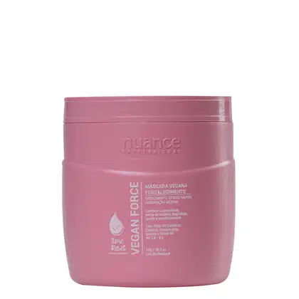 Máscara capilar Nuance Professional. A embalagem é um recipiente rosa com o nome da marca e do produto "Máscara Vegana Fortalecimento" impresso. O texto também menciona que o produto promove crescimento capilar mais rápido e hidratação máxima.